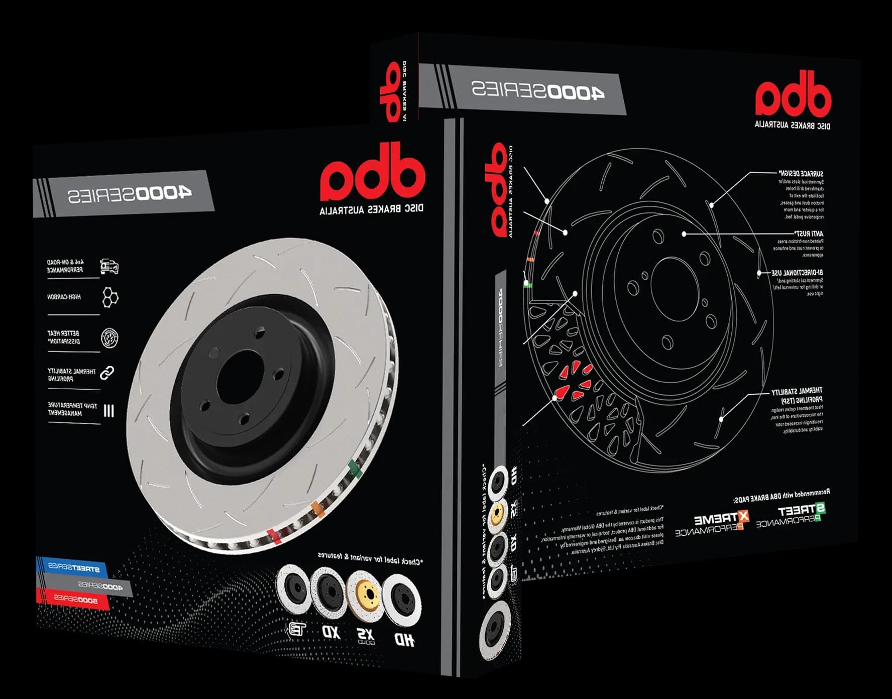 DBA 4000 Series slotted brake disc rotors with product packaging showing thermal stability features and 4x4 performance specifications