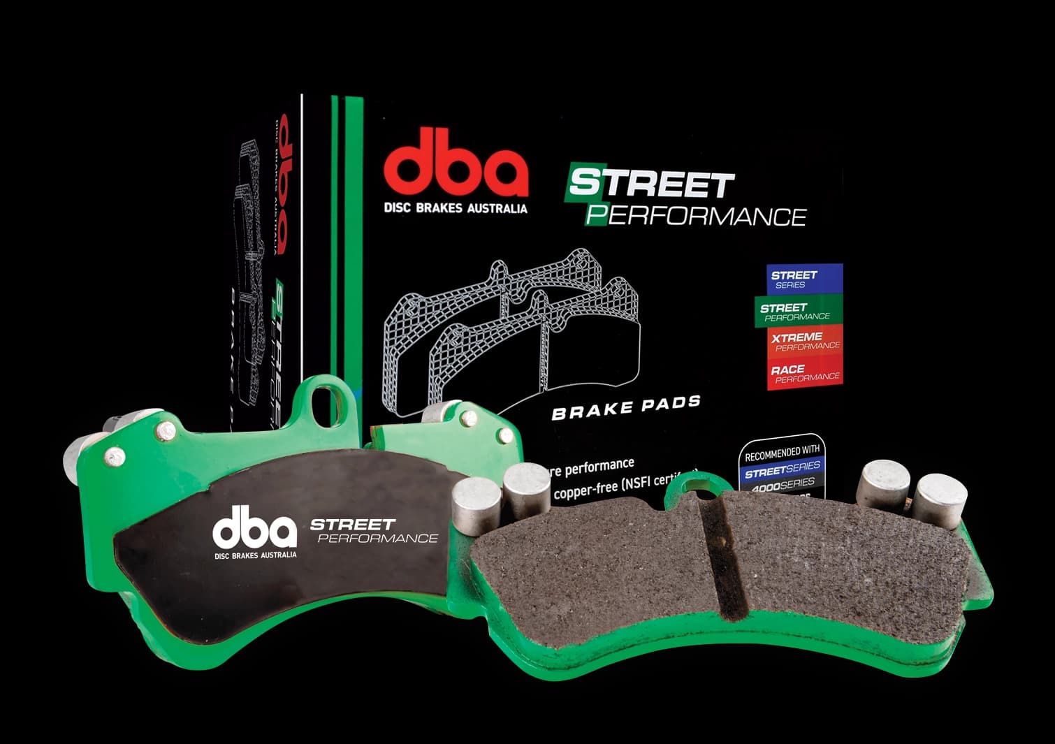 DBA Street Performance brake pads in distinctive green compound with packaging showing copper-free NSFI certification for 4x4 applications
