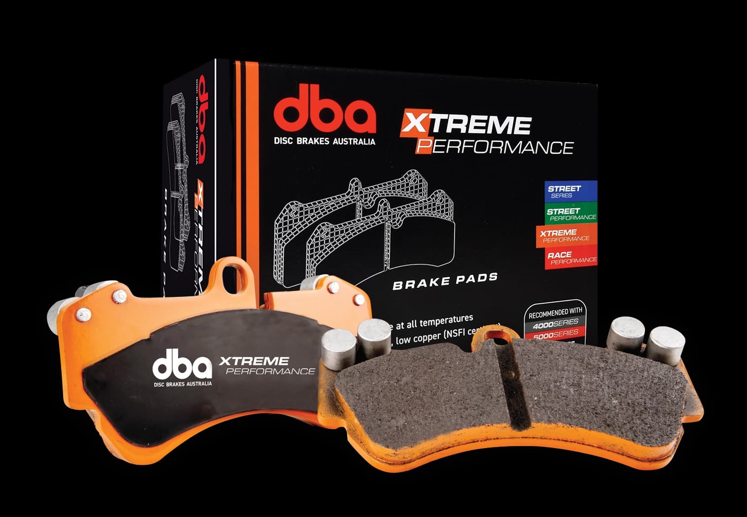 DBA Xtreme Performance brake pads in orange high-temperature compound with packaging highlighting extreme performance capabilities for 4x4 vehicles