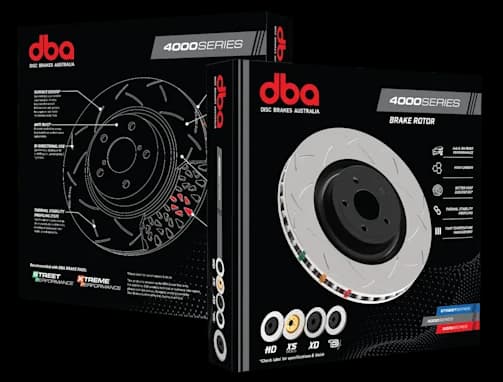 DBA 4000 Series brake rotor packaging showing product box with detailed rotor diagram on left and actual high-carbon rotor on right