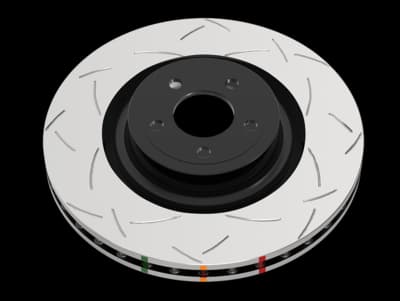 DBA 4000 Series T3 brake rotor featuring distinctive tri-symmetrical slot pattern on silver surface with black center hub and colored cooling vane indicators