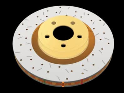 DBA 4000 Series XS Gold brake rotor featuring cross-drilled holes, slots, and distinctive gold-finished hub for enhanced performance and visual appeal