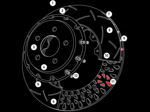 DBA brake rotor features diagram showing 12 numbered technical components including two-piece design, surface treatments, and Kangaroo Paw cooling system
