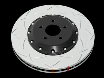 DBA 5000 Series T3 brake rotor featuring bi-directional slot design with silver surface, black center hub and colored indicator markings