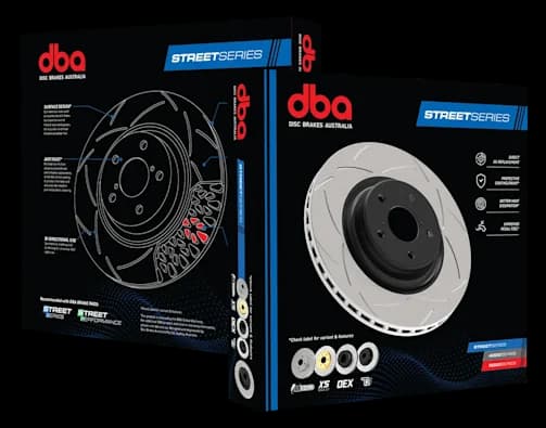 DBA Street Series brake rotor packaging showing product box with detailed rotor diagram on left and actual slotted rotor on right
