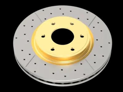 DBA Street Series X Gold brake rotor with cross-drilled holes, slots, and distinctive gold-finished hub for enhanced performance