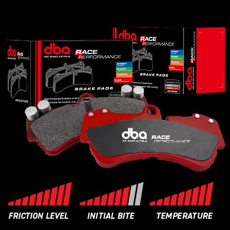 DBA Race Performance brake pads with red backing plates and high-temperature friction material displayed alongside retail packaging boxes
