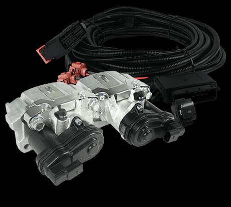 DBA electric park brake system components including wiring harnesses and electronic actuator modules on white background