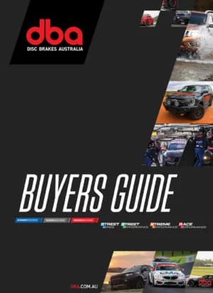 DBA brake products buyers guide cover with multiple vehicle images and DBA logo on dark background