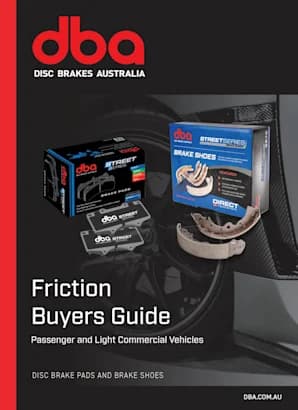DBA Friction Buyers Guide cover showing brake pads and brake shoes with product packaging on dark background