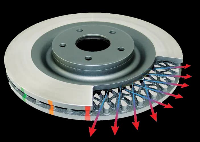 Cross-section of DBA brake rotor showing Kangaroo Paw ventilation system with diamond and teardrop pillars and red arrows indicating airflow for enhanced cooling