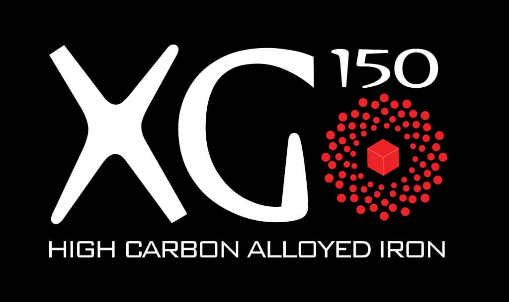 DBA XG-150 logo featuring red cube surrounded by circular pattern of red dots representing advanced iron formulation
