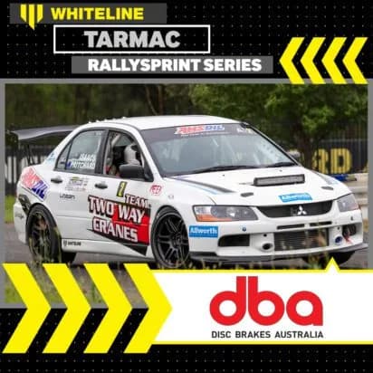 DBA Partnership with Whiteline Tarmac RallySprint Series - NSSCC Sydney Motorsport White Mitsubishi Lancer Evolution rally car with DBA brake sponsorship competing in Whiteline Tarmac RallySprint Series at Sydney Dragway, hosted by NSSCC