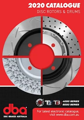 DBA 2020 brake rotors and drums catalogue cover DBA 2020 disc rotors and drums catalogue cover with four-quadrant brake rotor design on red background