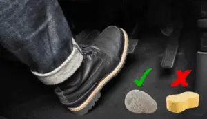 Brake pedal firmness test after bleeding procedure showing proper pedal feel (hard/firm) versus improper feel (soft/spongy) Foot pressing brake pedal with graphic indicators showing green checkmark for firm pedal (correct) and red X for soft/spongy pedal (incorrect)